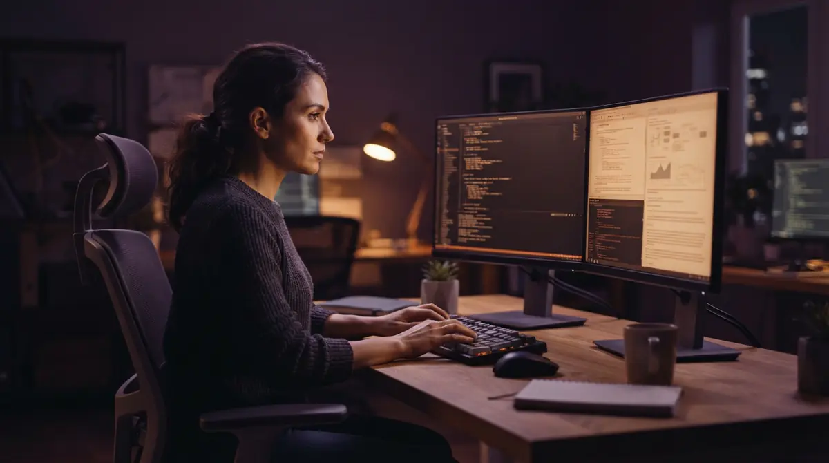 Illustration of a computer engineer working at a desk with two computer screens