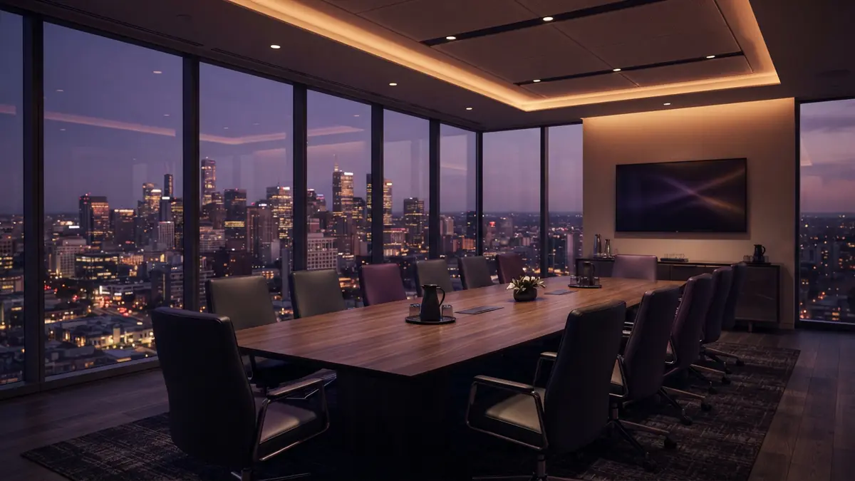 Illustration of an empty executive conference room with a television mounted on the wall