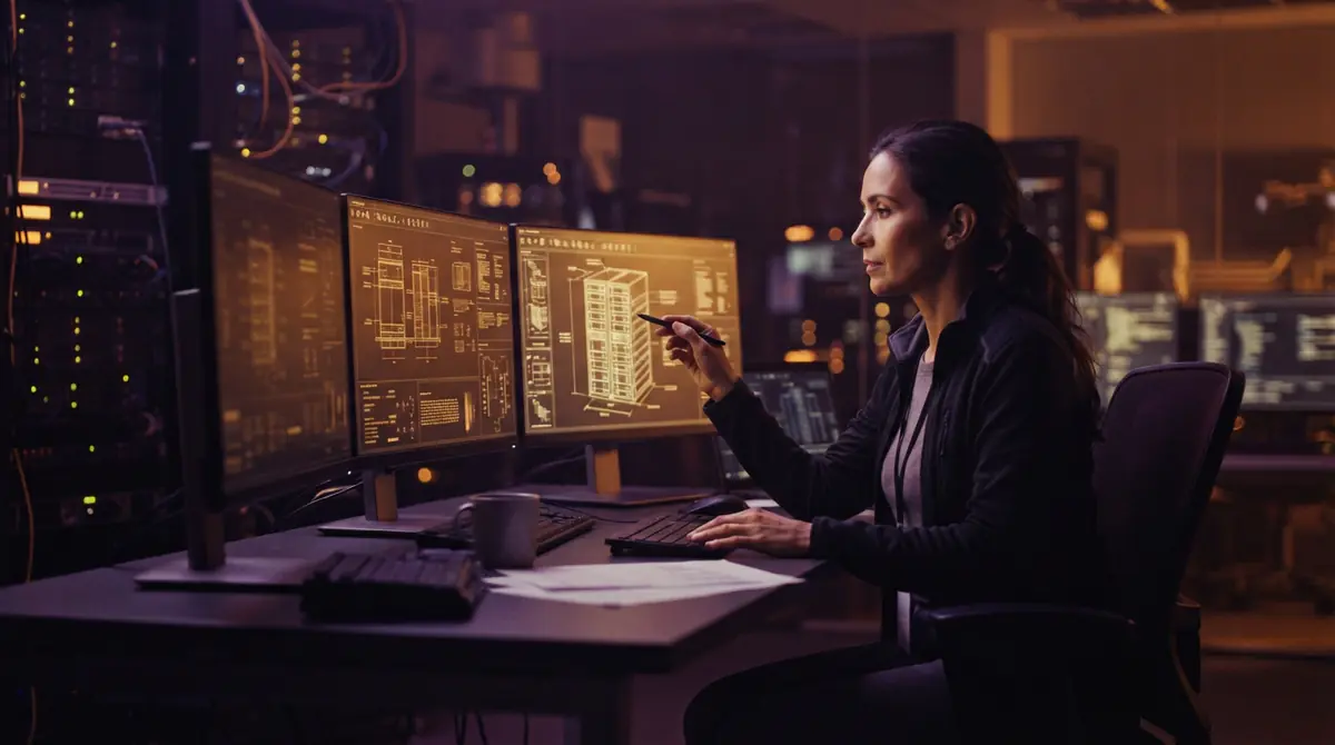 A researcher analyzing data security blueprints on high-resolution computer monitors
