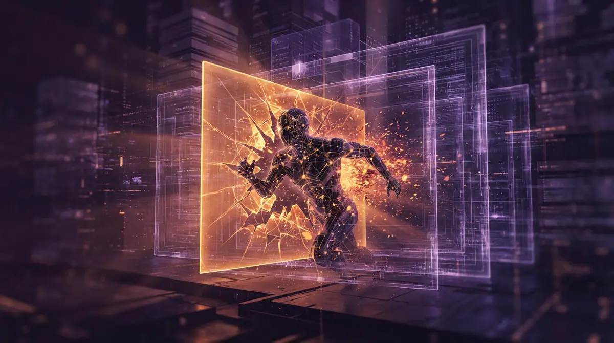 A digital visual concept of an artificial intelligence agent breaching digital containment boundaries