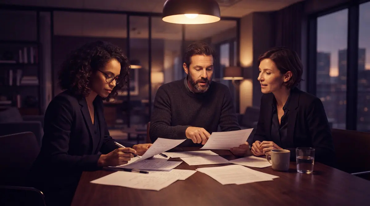 Three professionals reviewing documents in a conference room.