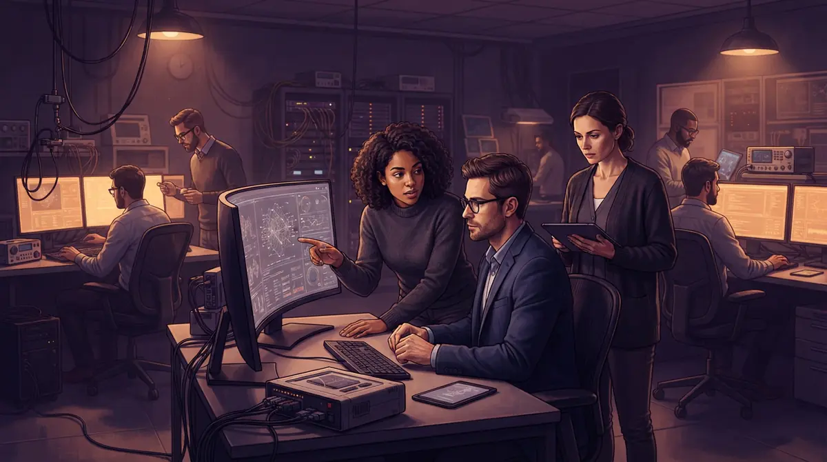 Engineers and auditors evaluating computer systems in a lab.