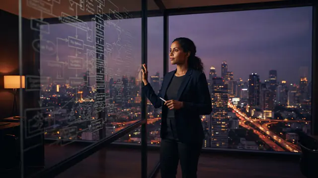 An AI researcher in an office observing data charts at dusk.
