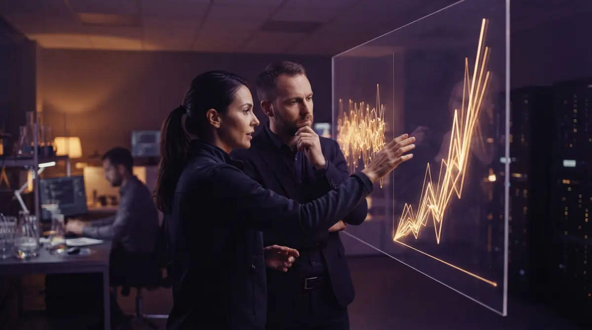 Engineers analyzing visual charts comparing incremental model iterations with generational leaps