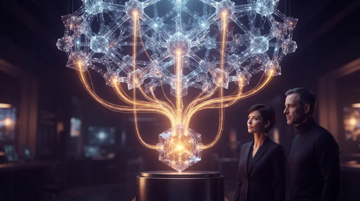 Conceptual visualization of a large neural network distilling capabilities into a smaller model