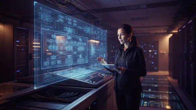 An AI research scientist examining futuristic holographic model roadmaps in a data center