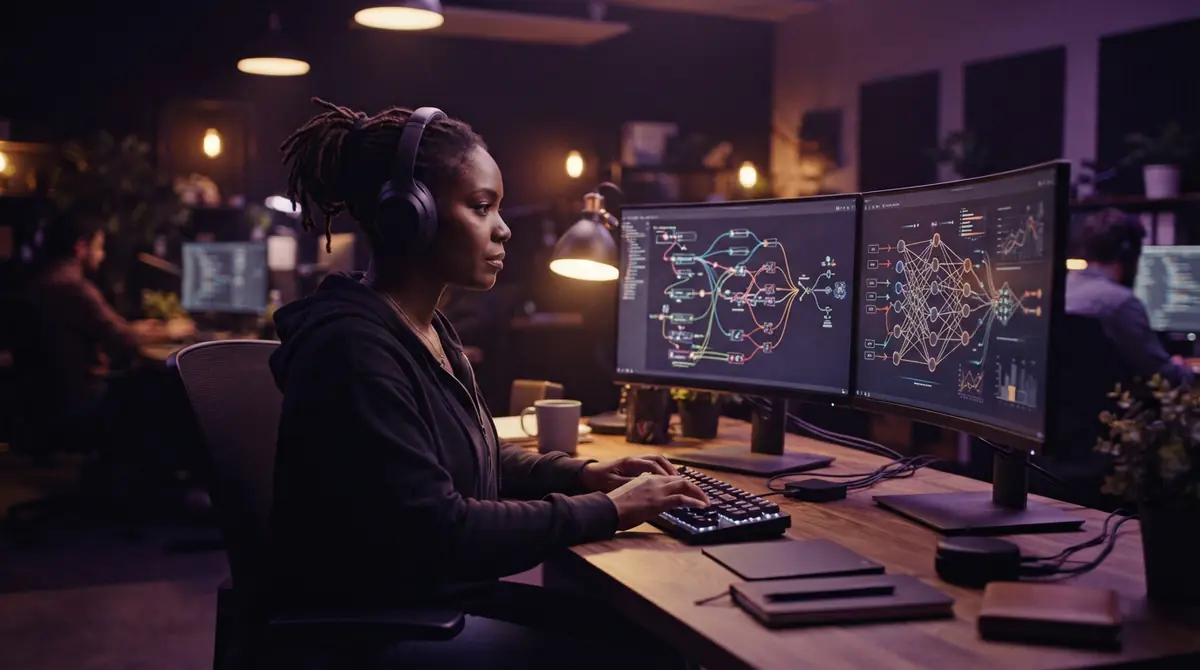 Illustration of a software developer running automated agentic coding workflows across multi-model systems.