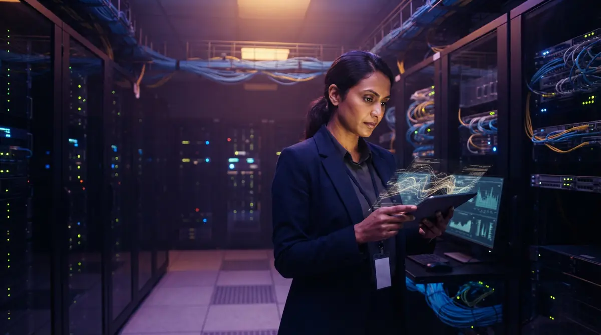 Illustration of secure server infrastructure with hardware data isolation and compliance auditing systems.