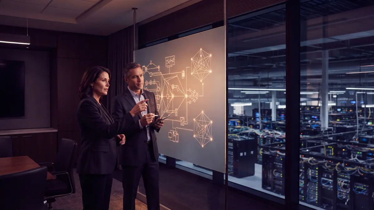 Illustration of technology executives collaborating over cloud architecture blueprints in a server room facility.
