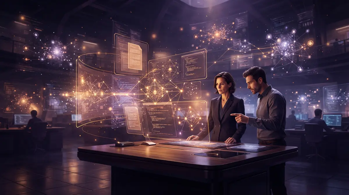 Illustration of autonomous digital software agents executing tasks across enterprise platforms