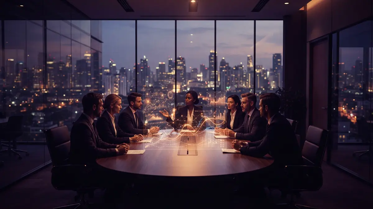 Illustration of a tech executive and investors in a modern skyscraper boardroom discussing venture funding