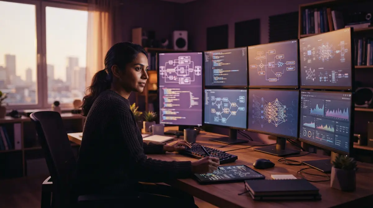 Illustration of an AI researcher reviewing system dashboards and logs on office monitors.