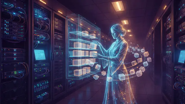 Illustration of a digital assistant managing data files in a modern server environment.