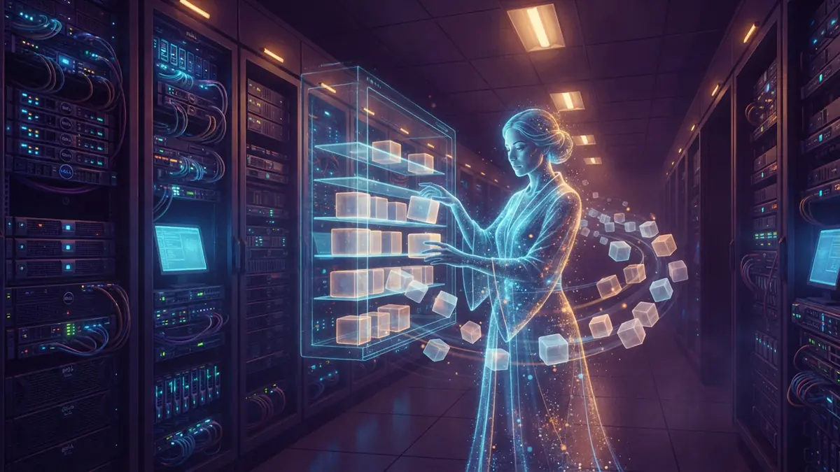 Illustration of a digital assistant managing data files in a modern server environment.