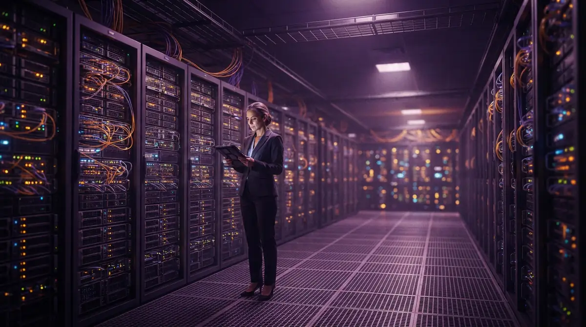 Row of glowing data center server racks in a modern enterprise facility.