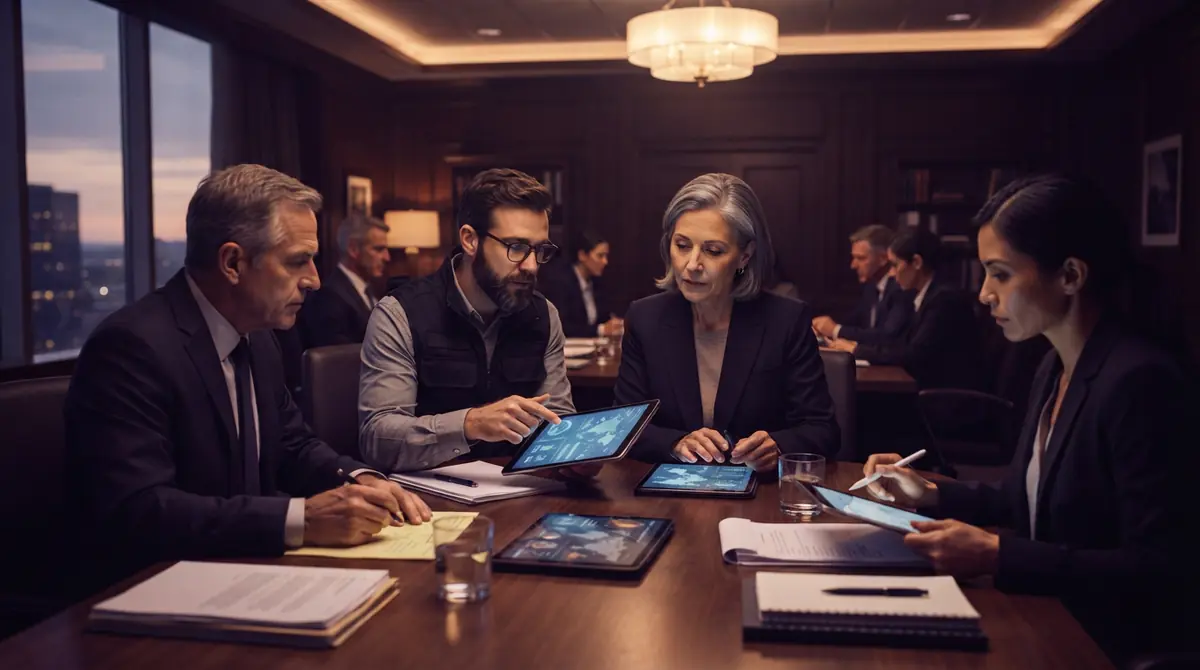 Government officials and investigators examining audit findings in a meeting room.