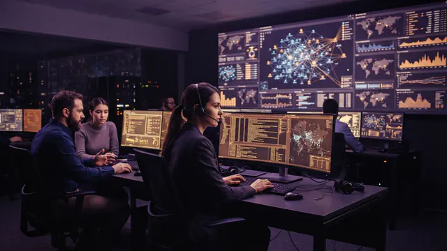 Cybersecurity operations room with digital data visualizations on large screens.