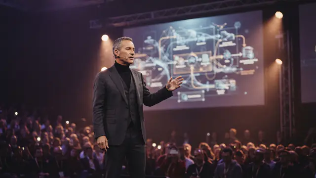 Illustration of a tech executive presenting agentic AI systems at a developer conference.
