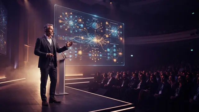An executive presenting artificial intelligence advancements on a stage during a developer conference keynote.