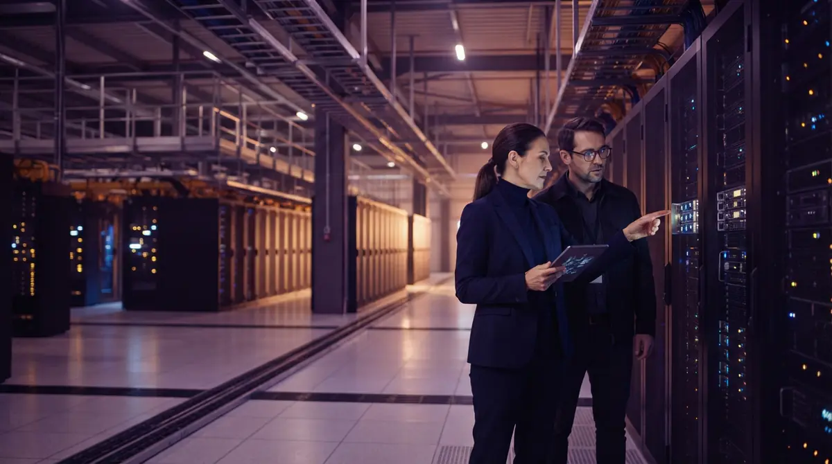Illustration of data center server infrastructure supporting automated computing workloads.
