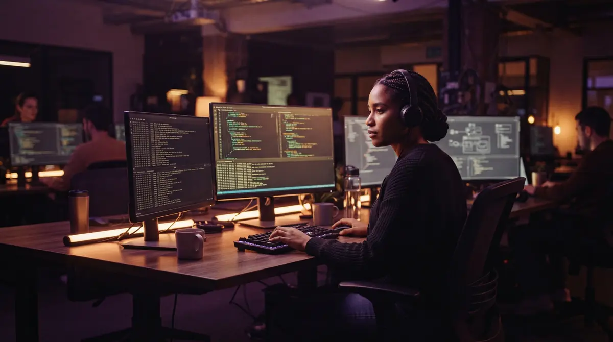 Illustration of a software developer working with terminal command interfaces.