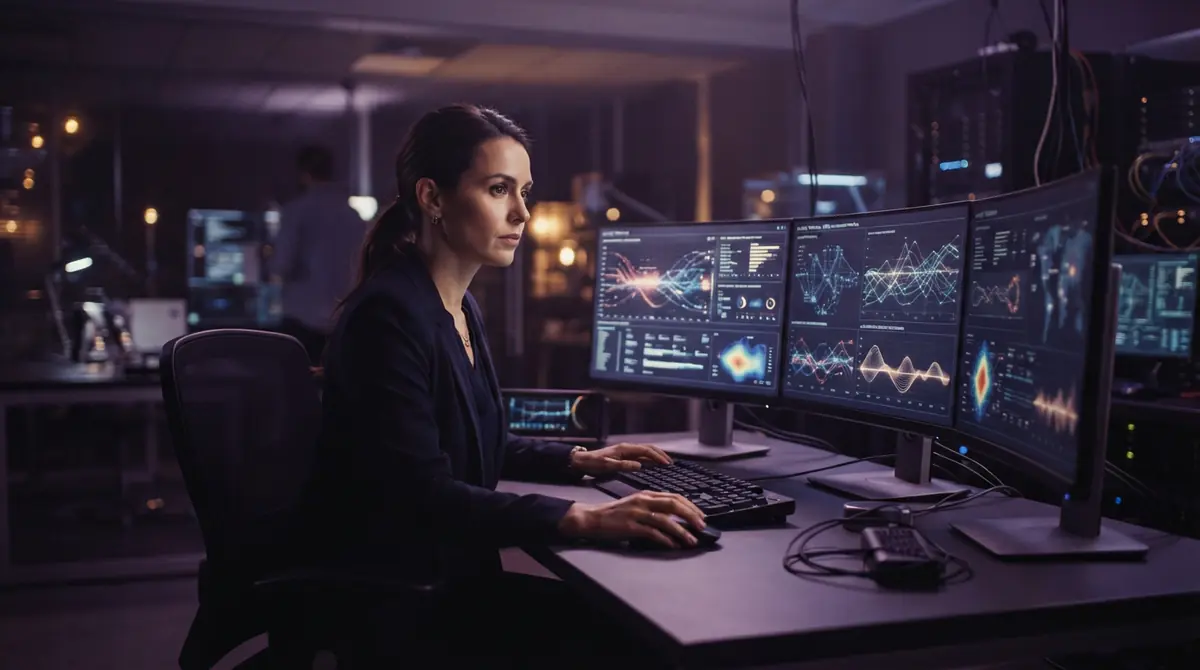 Illustration of an AI researcher reviewing system safety and alignment evaluations.