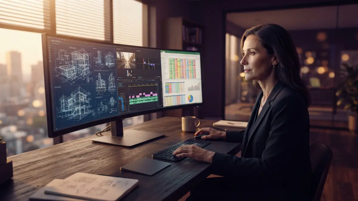 Illustration of a computer workstation displaying technical blueprints and software applications.