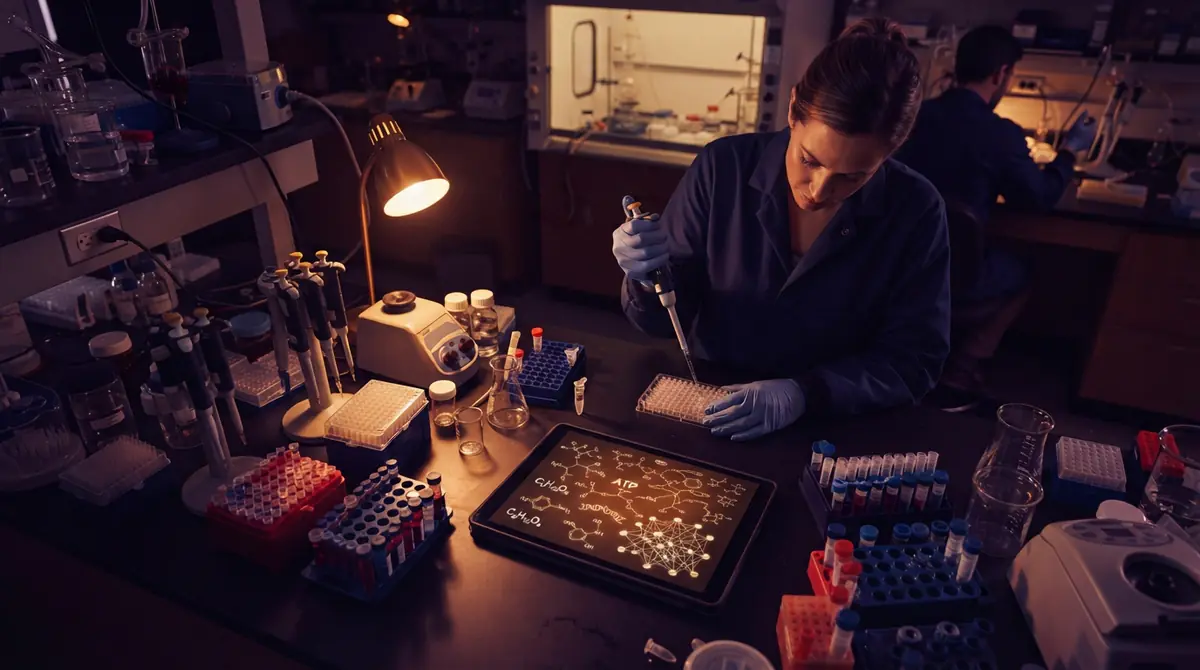 Scientific laboratory equipment arranged neatly on a bench beside a digital tablet illustrating molecular bonds.