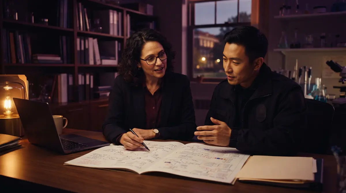Two academic professionals reviewing institutional safety documentation in an office setting.