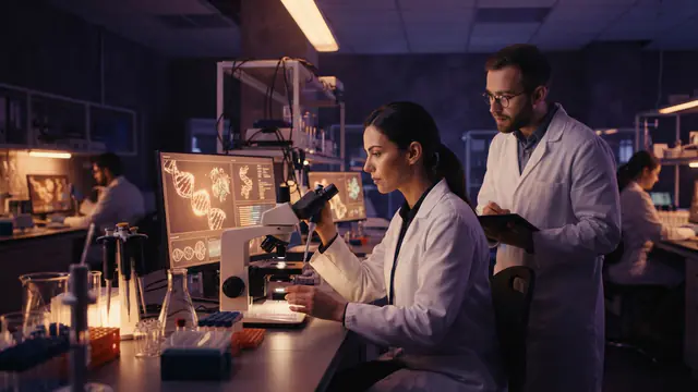 An academic life sciences research lab featuring scientists analyzing molecular data on digital interfaces.
