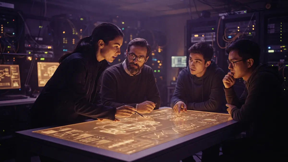 AI researchers in a server facility examining model testing data