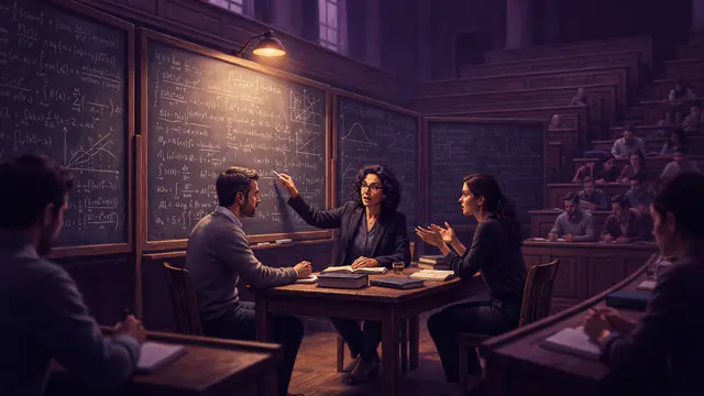 Illustration of academic researchers conferring in a university lecture hall in front of chalkboards filled with advanced mathematical proofs