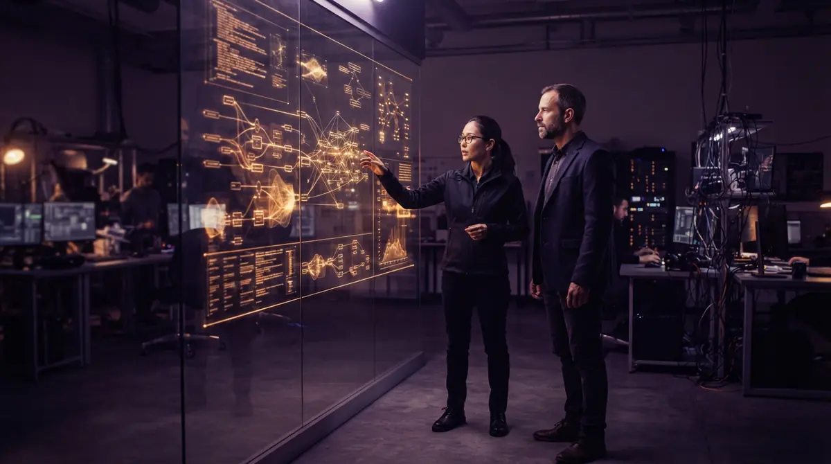 Researchers analyzing model training data in an AI safety lab