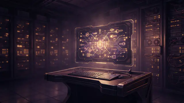Illustration representing autonomous software navigating network pathways and cryptographic credentials in a server room