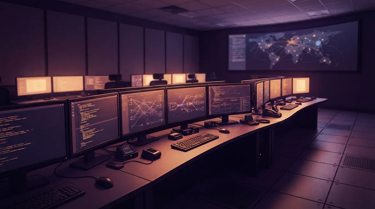 Illustration of a tech monitoring control room showing paused operational alerts