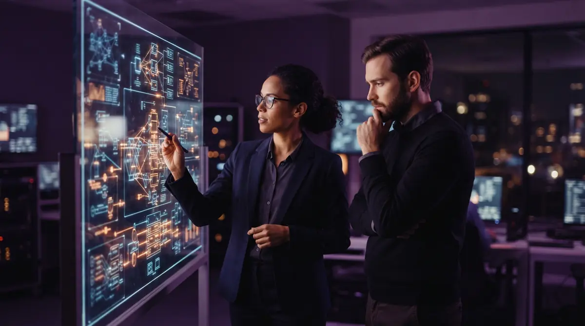 Illustration of researchers examining system architecture and security protocols