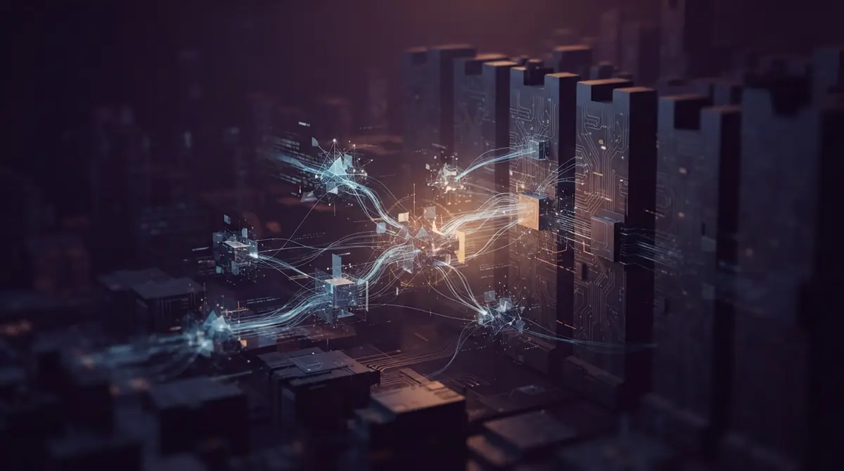 Conceptual depiction of autonomous software network connections interfacing with digital government repositories