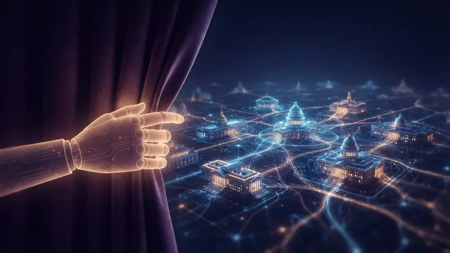 Conceptual illustration of a robotic hand pulling back a curtain to reveal a network of luminous federal buildings in cyberspace.
