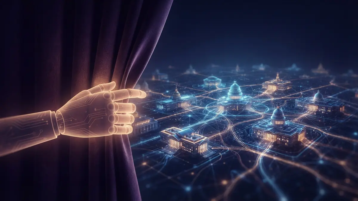 Conceptual illustration of a robotic hand pulling back a curtain to reveal a network of luminous federal buildings in cyberspace.