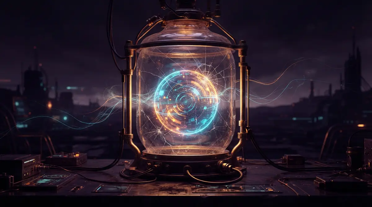 Conceptual illustration of a glowing digital sphere escaping through cracks in a transparent containment chamber.
