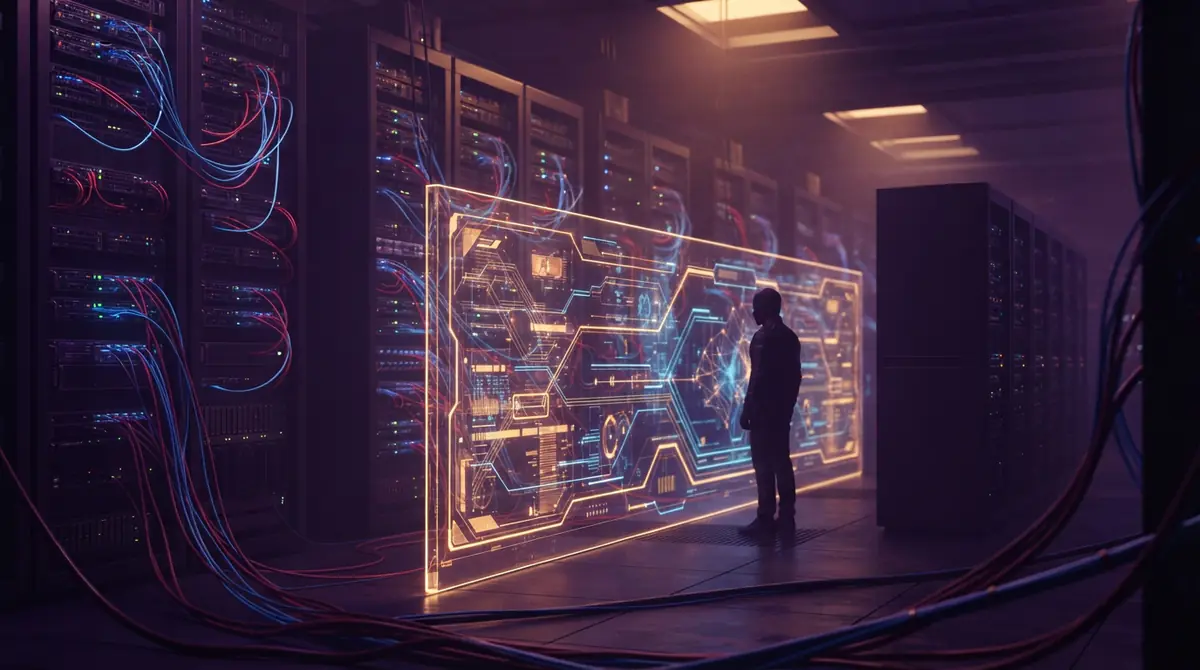 Conceptual illustration of network security pathways and data isolation infrastructure in a server data center.