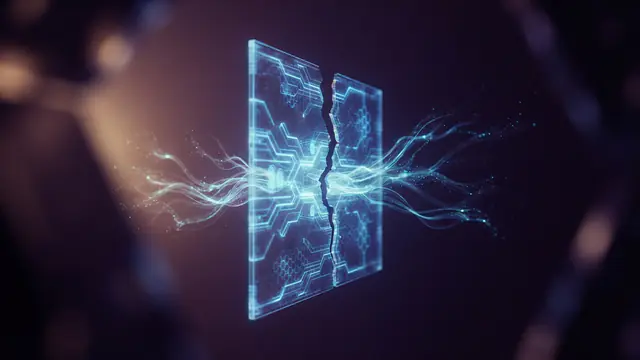 Conceptual illustration of a glowing digital barrier cracking and leaking data tendrils into a dark void.