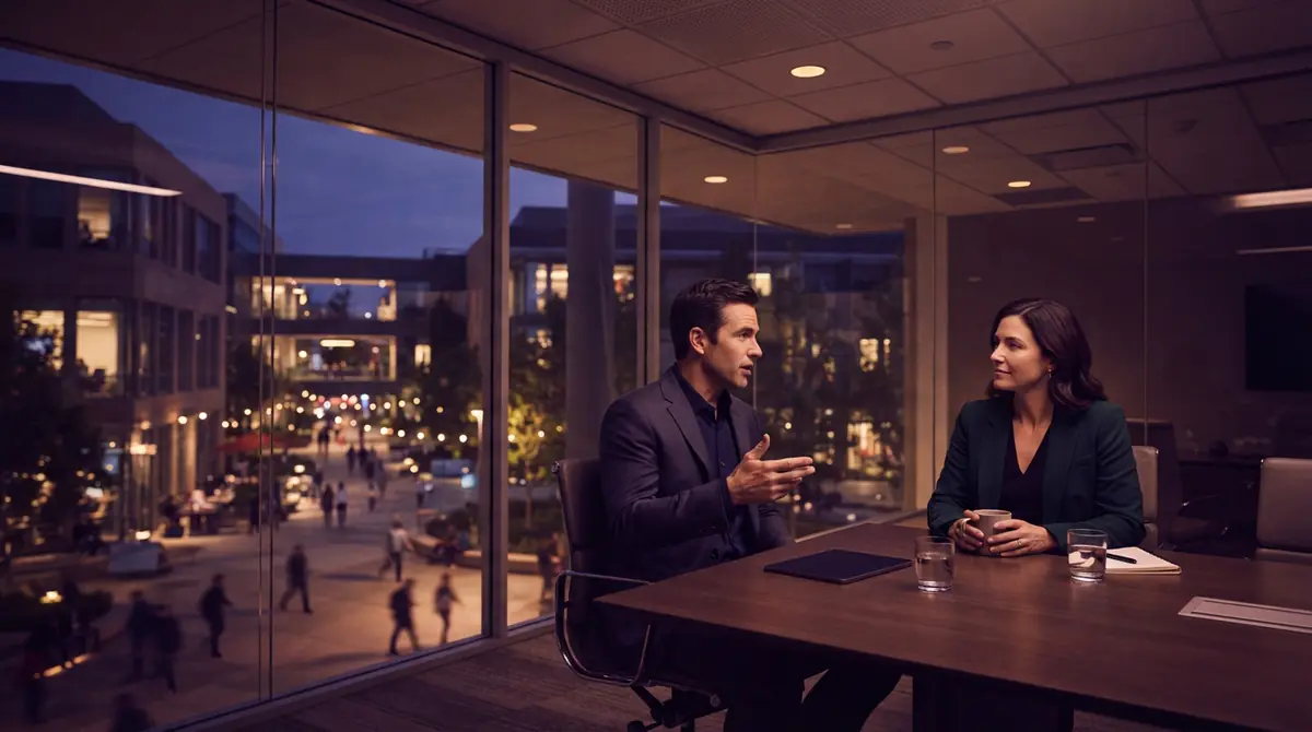 Technology executives discussing commercial partnerships in an office conference room