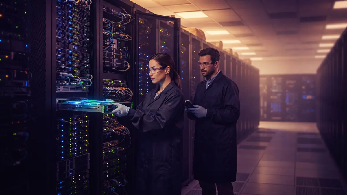 Server racks housing modular processor boards in a contemporary artificial intelligence data center