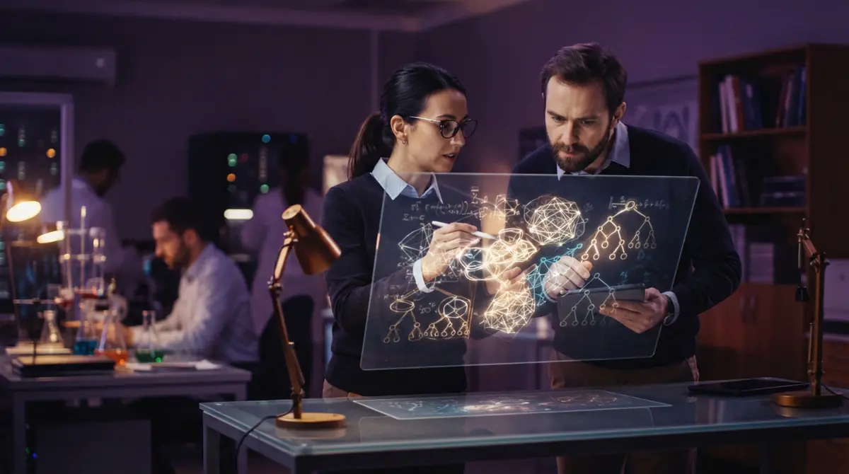 An illustration of researchers analyzing complex mathematical structures