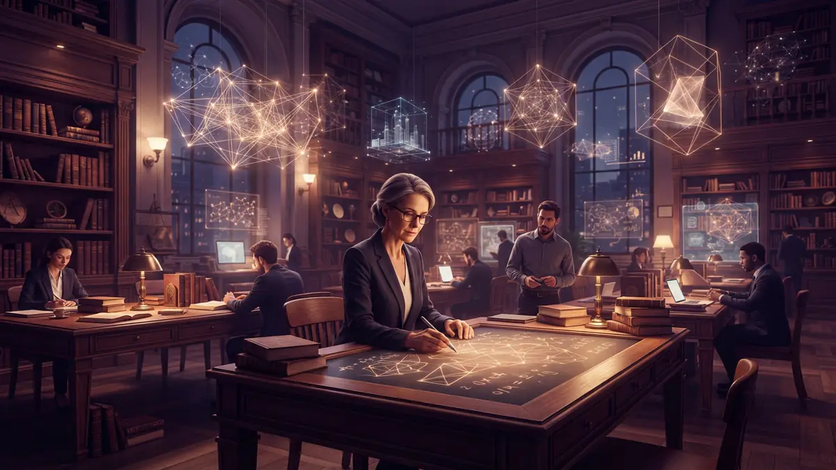 An abstract illustration of a modern mathematical research library with glowing diagrams