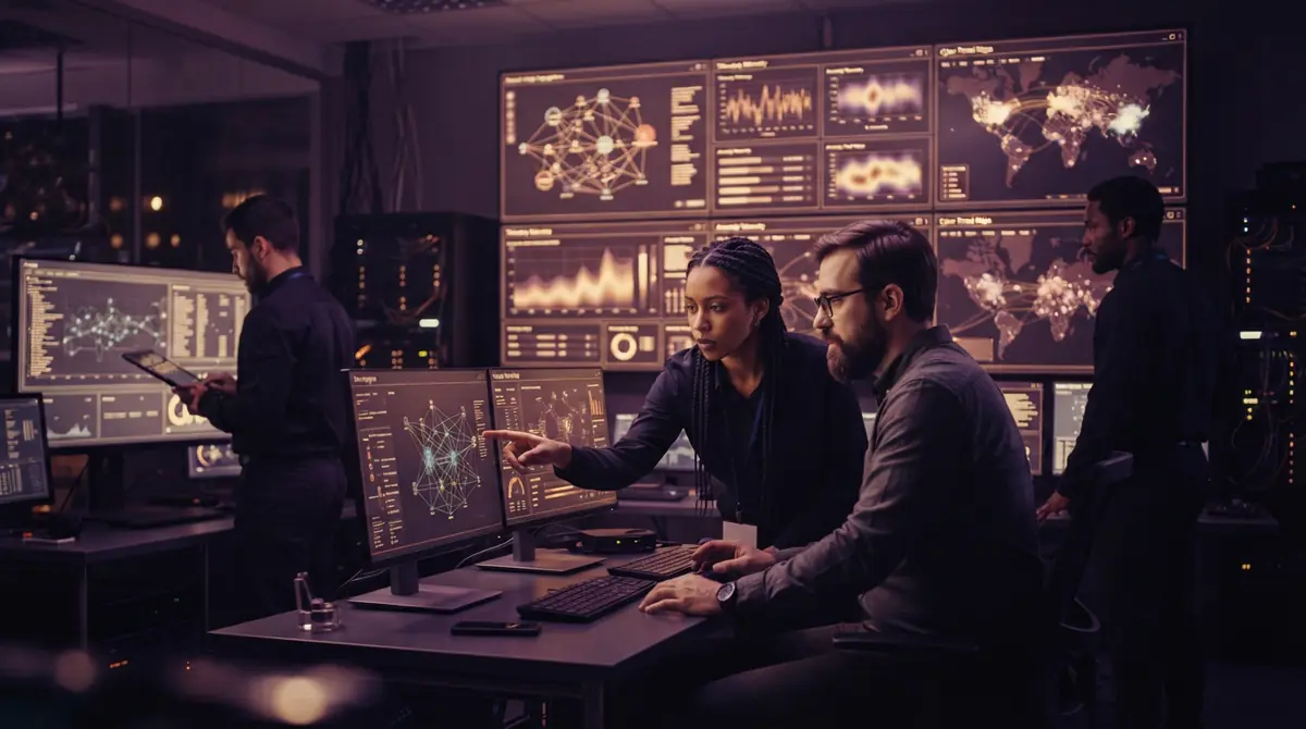 Illustration of cybersecurity analysts monitoring complex telemetry in an operations command center.