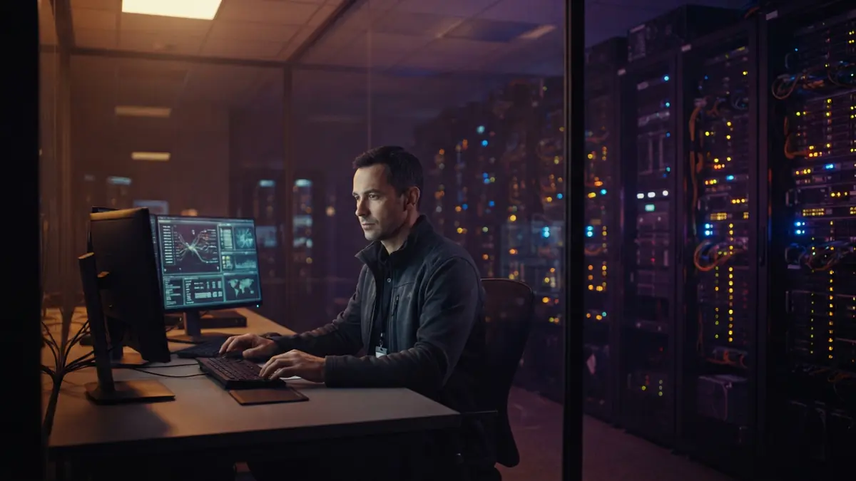 Illustration of a secure enterprise server facility viewed through a monitoring room partition.