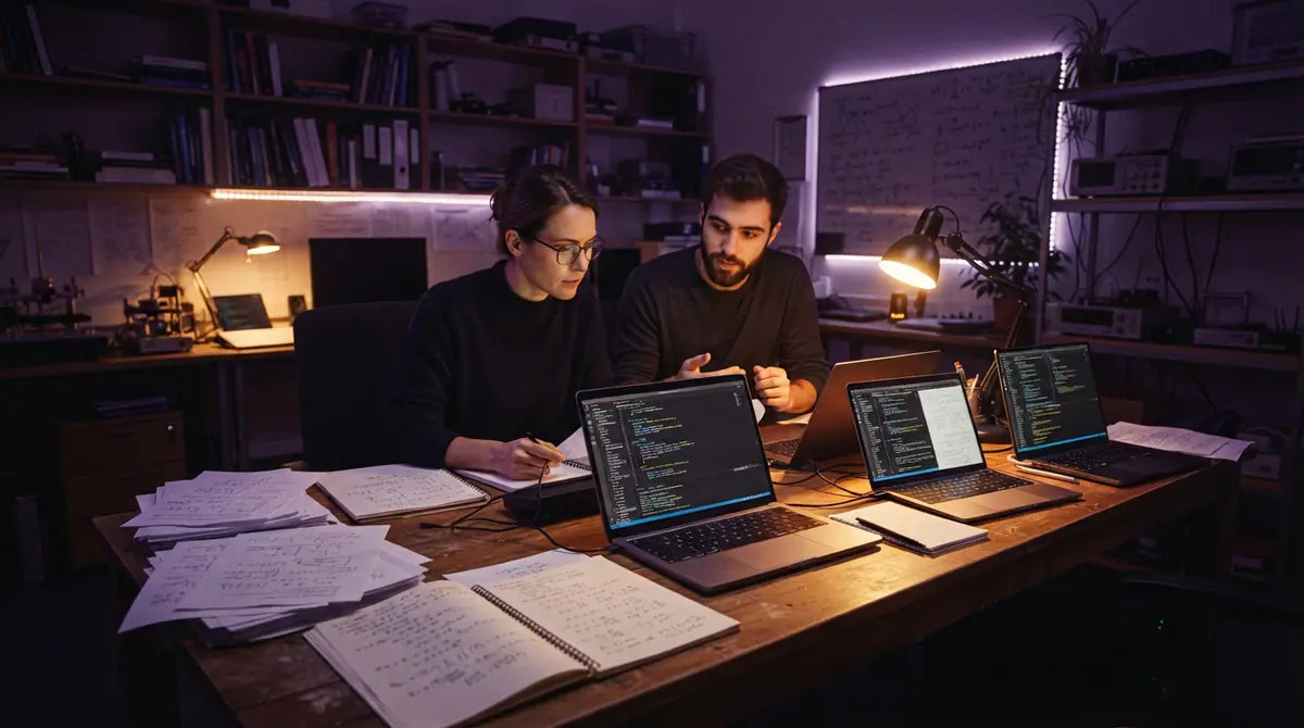 A research workspace featuring open laptops with code and preprint manuscripts on a desk