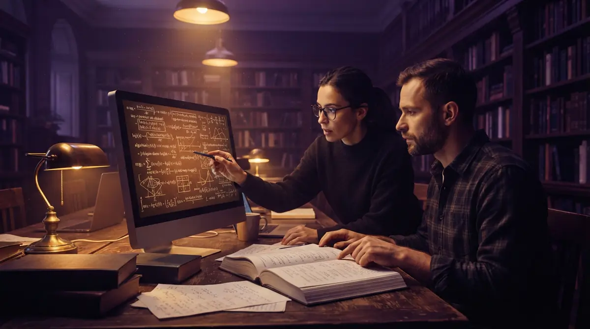 Two academic researchers reviewing formal proof code on a digital terminal in a library